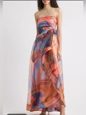 Tahari ASL Strapless Watercolor Print Maxi Dress - Coral & Blue